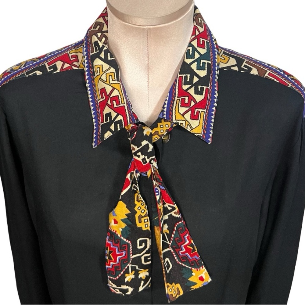 Vintage SK & Company Black with Multi Color Tribal Print Long Sleeve Blo… - Picture 10 of 17